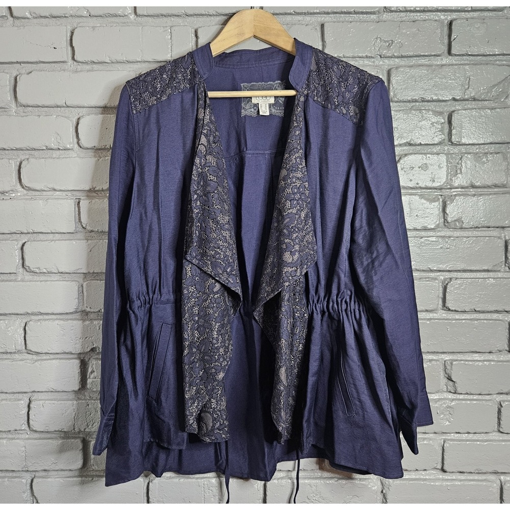 Logo Lori Goldstein Jacket Womens 12‎ Blue Lace Open Front Flowy Waist Cinch